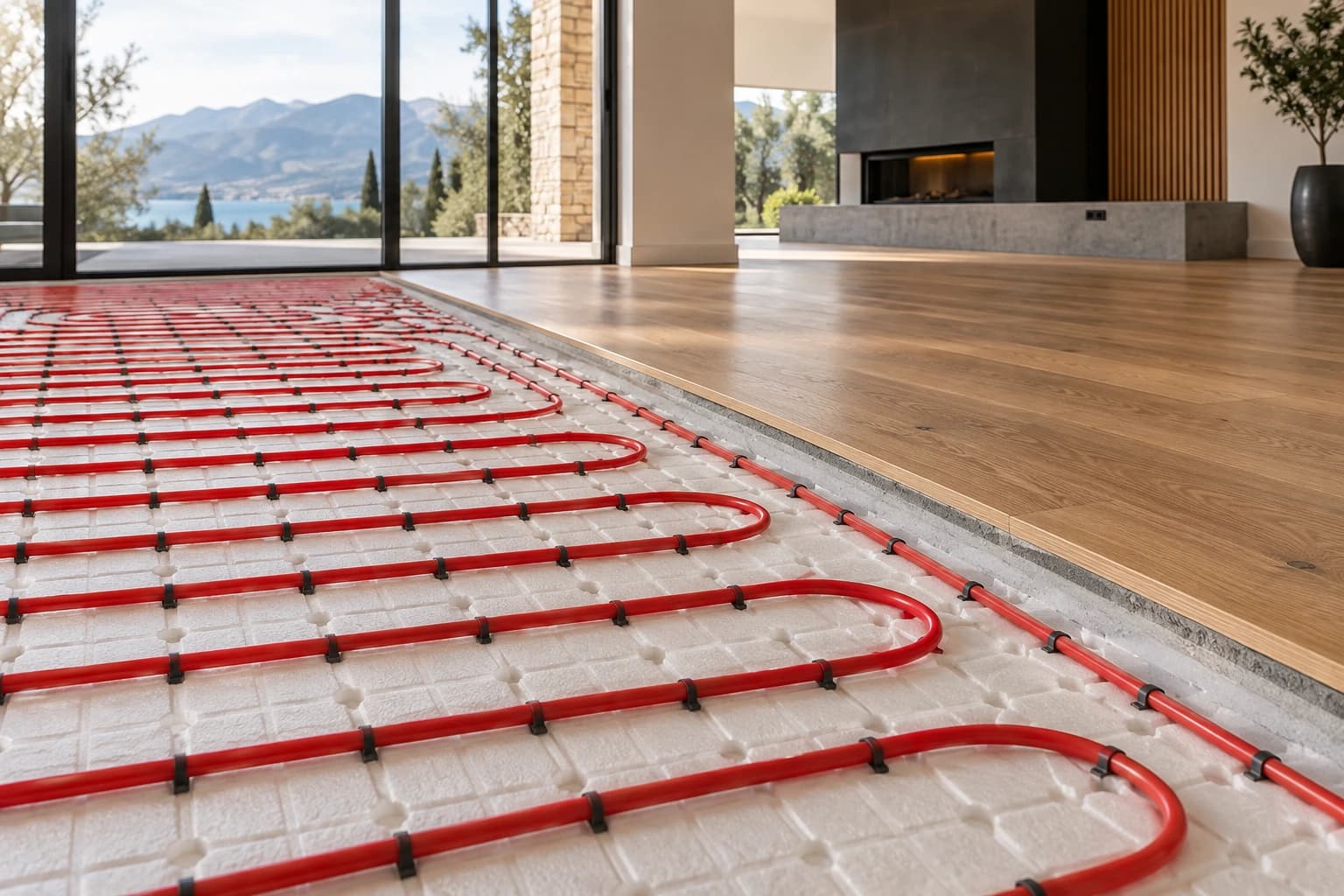 Концептуальная иллюстрация контуров тёплого пола в разрезе гостиной